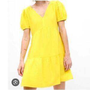 Gap Crinkle Gauze Puff Sleeve Tiered Mini Dress Large Petite Bright Lemon Resort
